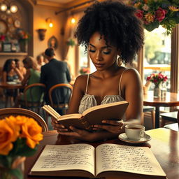 A romantic scene depicting Alicia, a beautiful Black woman, sitting at a quaint café, writing in her elegantly bound notebook