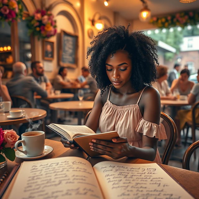 A romantic scene depicting Alicia, a beautiful Black woman, sitting at a quaint café, writing in her elegantly bound notebook