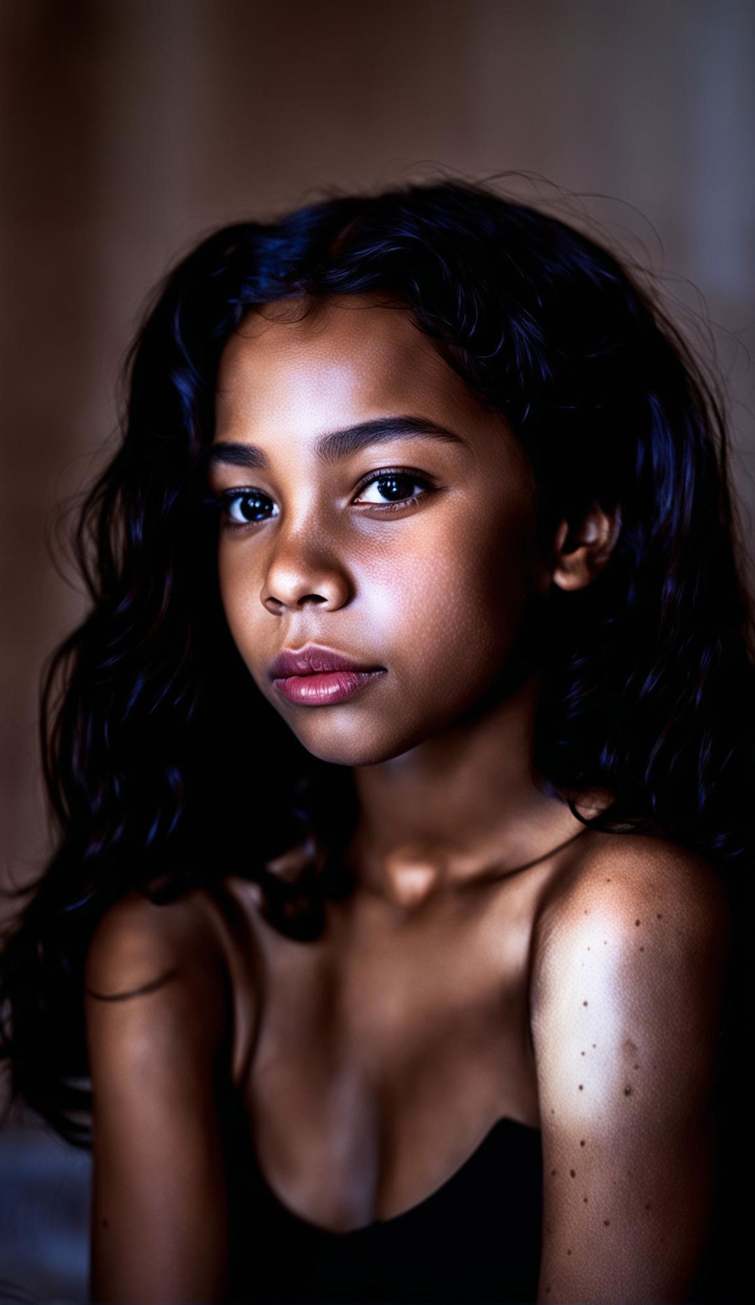 High-resolution photograph of a beautiful mixed-race girl in a minimalist room with low lighting, capturing her symmetrical facial features in a side view.