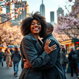 A vibrant scene capturing a romantic moment between a beautiful Black woman and her partner in New York City