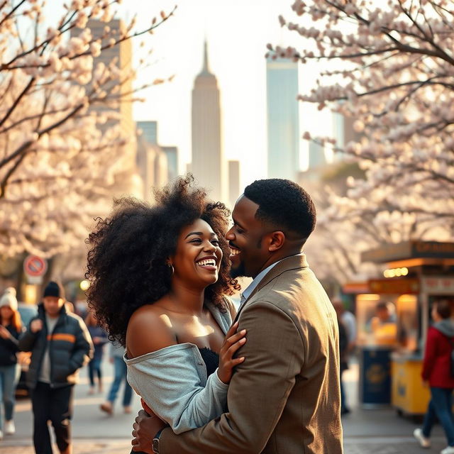 A vibrant scene capturing a romantic moment between a beautiful Black woman and her partner in New York City