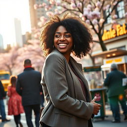 A vibrant scene capturing a romantic moment between a beautiful Black woman and her partner in New York City