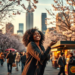 A vibrant scene capturing a romantic moment between a beautiful Black woman and her partner in New York City