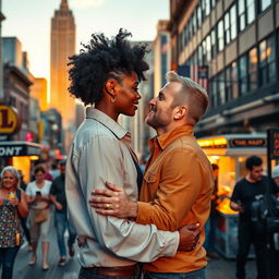 A vibrant love story scene featuring a beautiful Black woman and a handsome white man in New York City