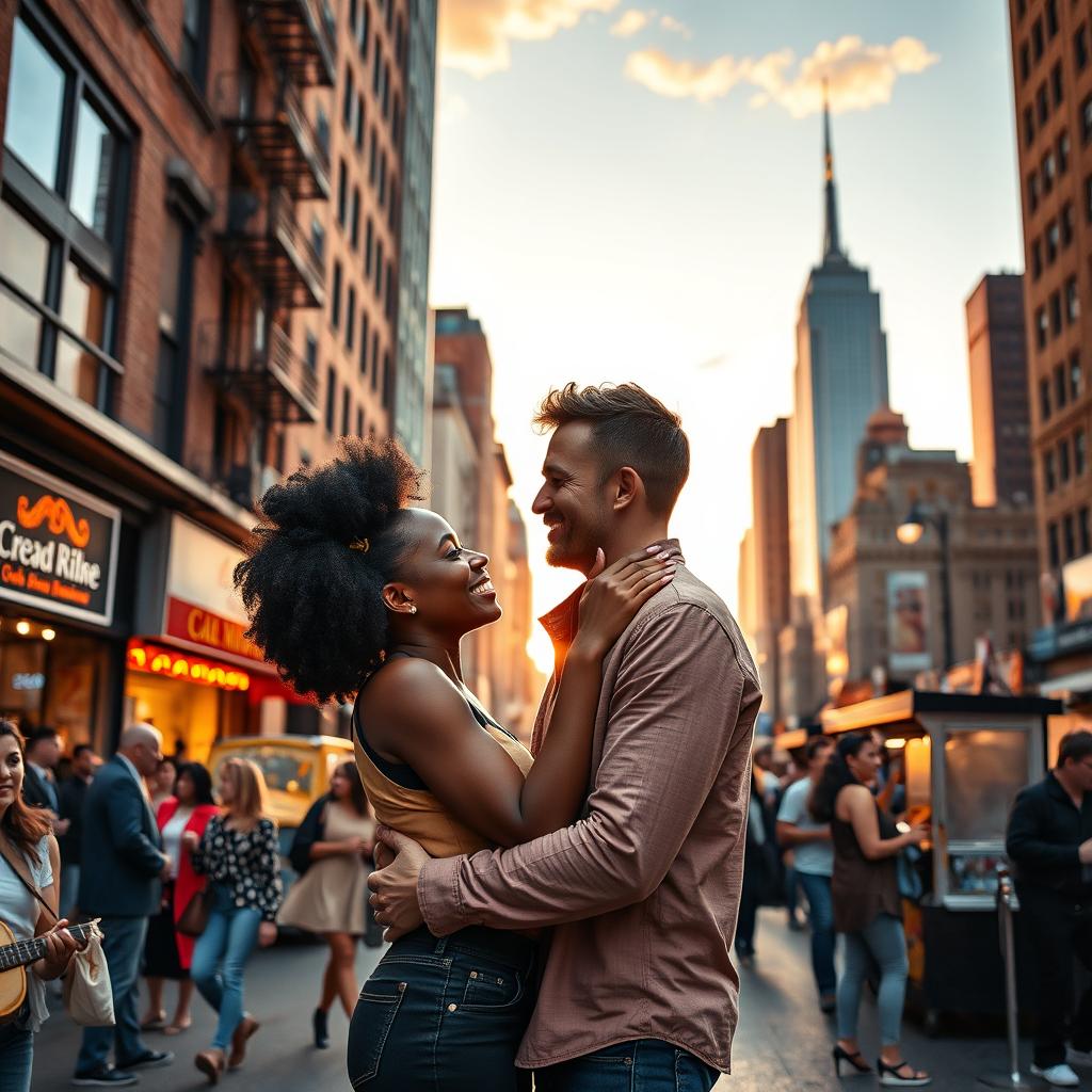 A vibrant love story scene featuring a beautiful Black woman and a handsome white man in New York City