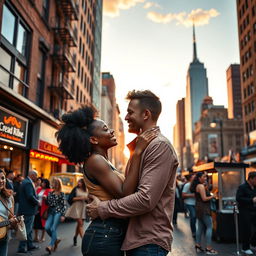 A vibrant love story scene featuring a beautiful Black woman and a handsome white man in New York City