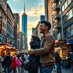 A vibrant love story scene featuring a beautiful Black woman and a handsome white man in New York City