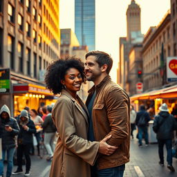 A vibrant love story scene featuring a beautiful Black woman and a handsome white man in New York City