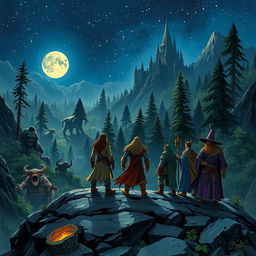 A monk, a druid, a barbarian, a sorcerer, and a wizard emerge from a mystical mine set in a rugged mountain landscape under a starry night sky