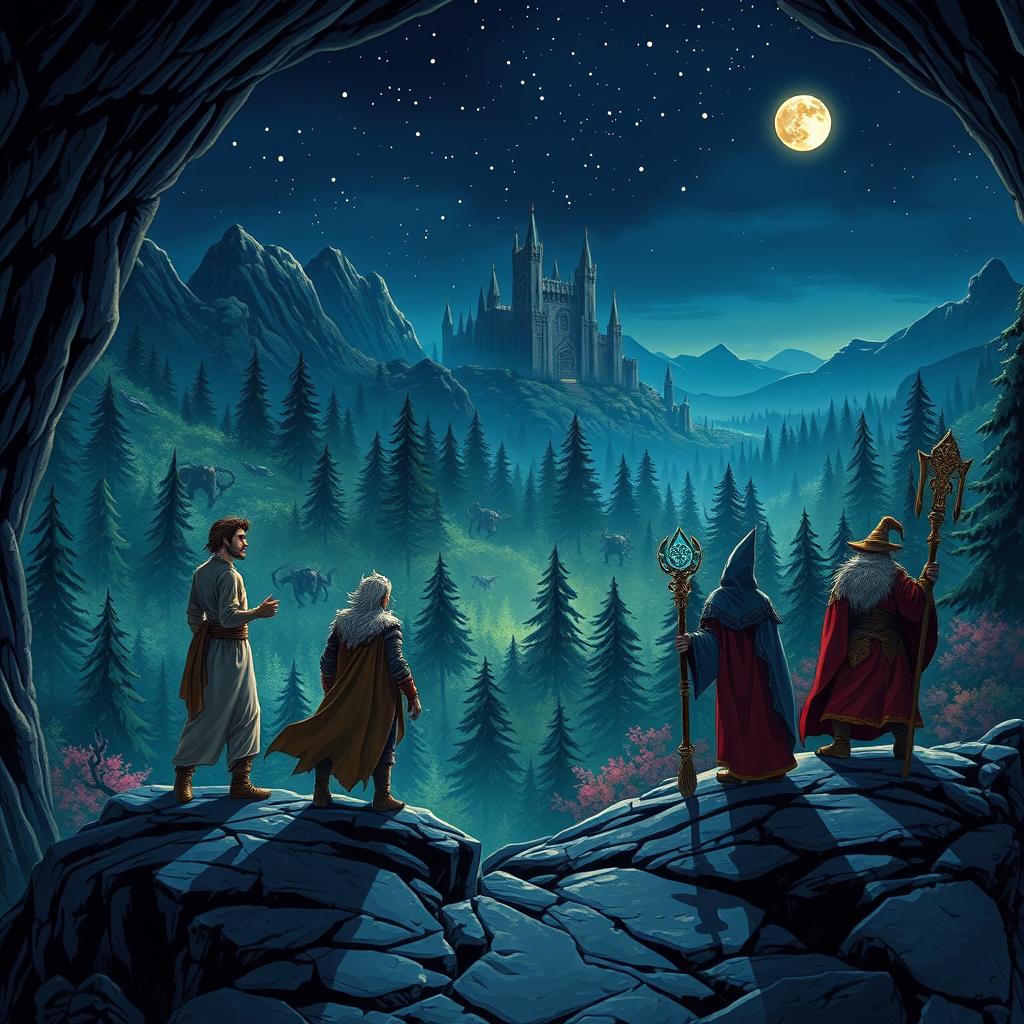 A monk, a druid, a barbarian, a sorcerer, and a wizard emerge from a mystical mine set in a rugged mountain landscape under a starry night sky