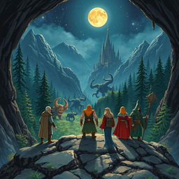A monk, a druid, a barbarian, a sorcerer, and a wizard emerge from a mystical mine set in a rugged mountain landscape under a starry night sky