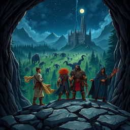A monk, a druid, a barbarian, a sorcerer, and a wizard emerge from a mystical mine set in a rugged mountain landscape under a starry night sky