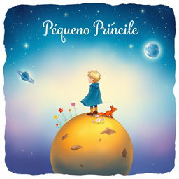 A whimsical and enchanting book cover design for a classic story, featuring the Little Prince standing on a small asteroid, gazing up at a starry sky full of twinkling stars