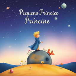 A whimsical and enchanting book cover design for a classic story, featuring the Little Prince standing on a small asteroid, gazing up at a starry sky full of twinkling stars