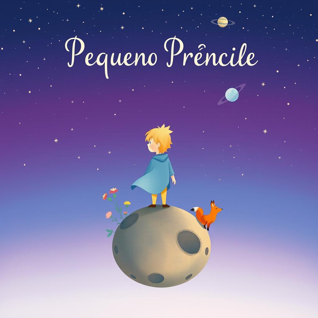 A whimsical and enchanting book cover design for a classic story, featuring the Little Prince standing on a small asteroid, gazing up at a starry sky full of twinkling stars