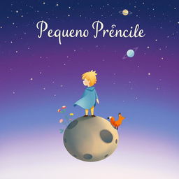 A whimsical and enchanting book cover design for a classic story, featuring the Little Prince standing on a small asteroid, gazing up at a starry sky full of twinkling stars