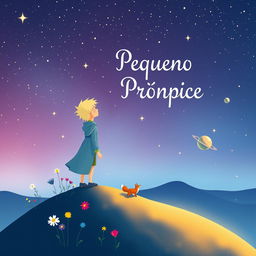 A whimsical and enchanting book cover design for a classic story, featuring the Little Prince standing on a small asteroid, gazing up at a starry sky full of twinkling stars