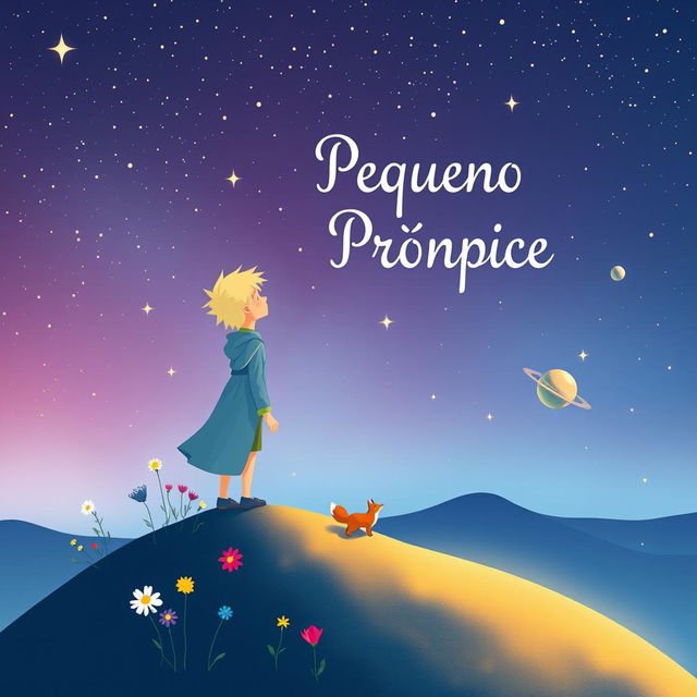 A whimsical and enchanting book cover design for a classic story, featuring the Little Prince standing on a small asteroid, gazing up at a starry sky full of twinkling stars