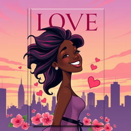 An eye-catching book cover design featuring an animated illustration of a beautiful Black woman in love