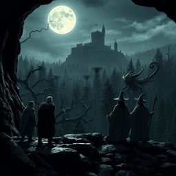 A monk, a druid, a barbarian, a sorcerer, and a wizard emerge from a dark mine on a rugged mountain, gazing out at a vast, ominous forest under a moonless sky