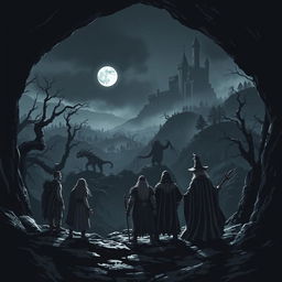 A monk, a druid, a barbarian, a sorcerer, and a wizard emerge from a dark mine on a rugged mountain, gazing out at a vast, ominous forest under a moonless sky