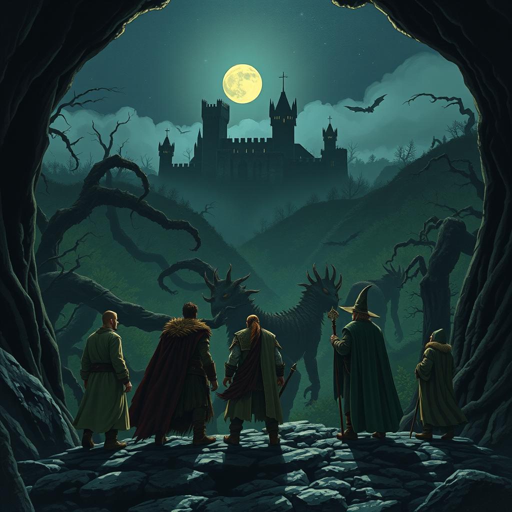 A monk, a druid, a barbarian, a sorcerer, and a wizard emerge from a dark mine on a rugged mountain, gazing out at a vast, ominous forest under a moonless sky