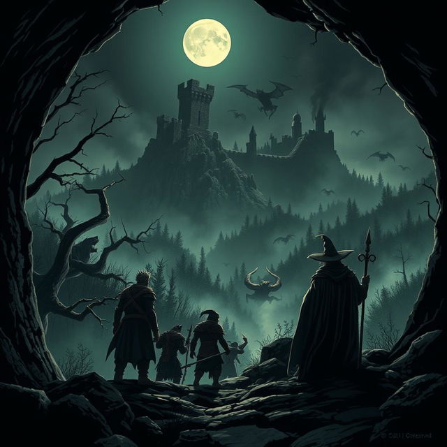 A monk, a druid, a barbarian, a sorcerer, and a wizard emerge from a dark mine on a rugged mountain, gazing out at a vast, ominous forest under a moonless sky