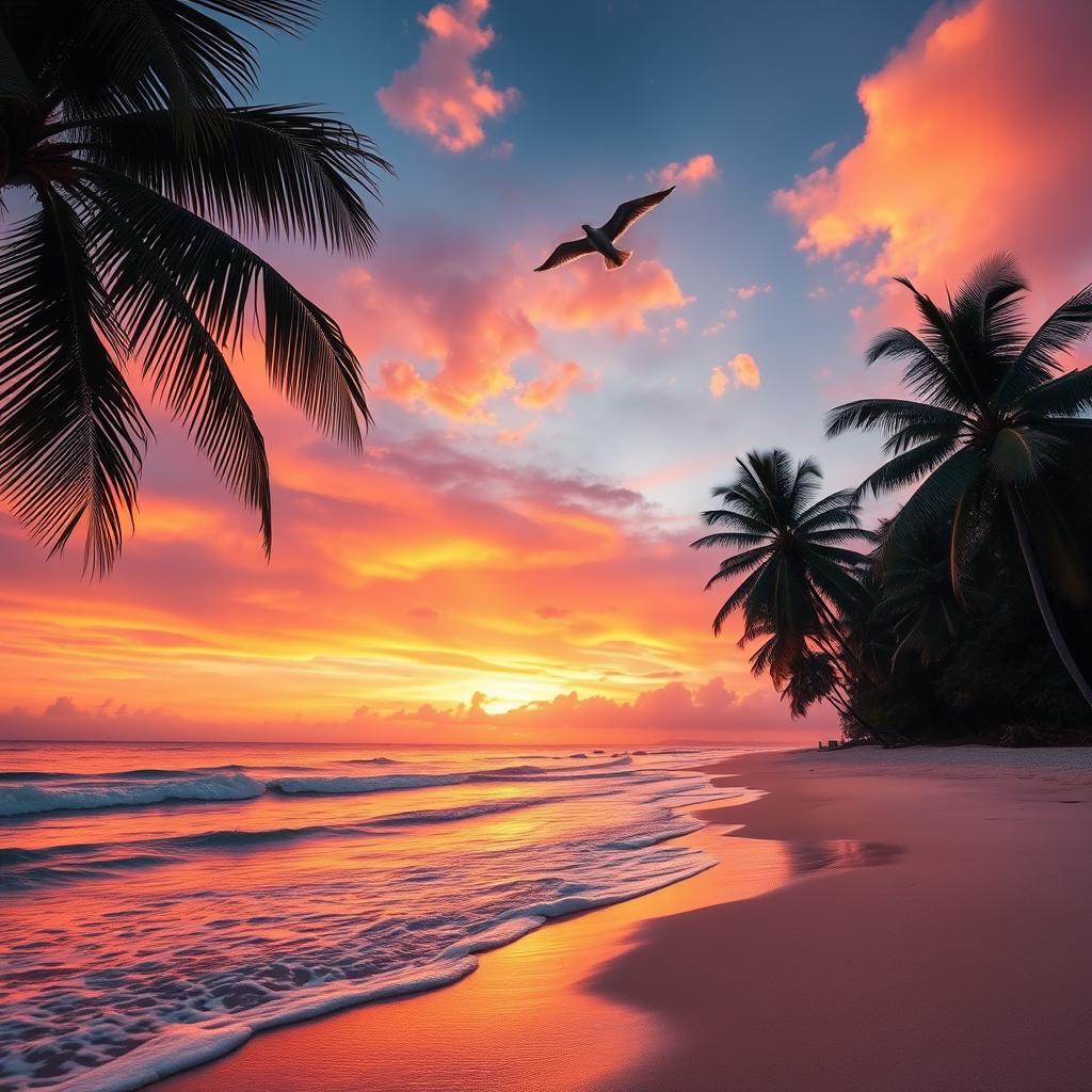 A stunning sunset background featuring a tranquil beach scene with soft waves lapping at the shore, palm trees swaying in the breeze, and vibrant colors painting the sky in shades of orange, pink, and purple