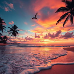 A stunning sunset background featuring a tranquil beach scene with soft waves lapping at the shore, palm trees swaying in the breeze, and vibrant colors painting the sky in shades of orange, pink, and purple