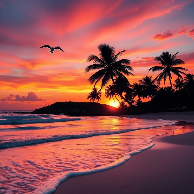 A stunning sunset background featuring a tranquil beach scene with soft waves lapping at the shore, palm trees swaying in the breeze, and vibrant colors painting the sky in shades of orange, pink, and purple