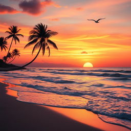 A stunning sunset background featuring a tranquil beach scene with soft waves lapping at the shore, palm trees swaying in the breeze, and vibrant colors painting the sky in shades of orange, pink, and purple
