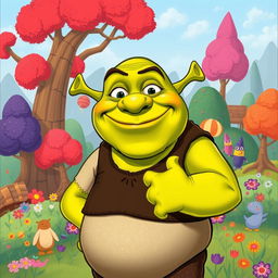 A humorous illustration of Shrek, the beloved green ogre from the animated films, depicted in a whimsical and exaggerated cartoon style