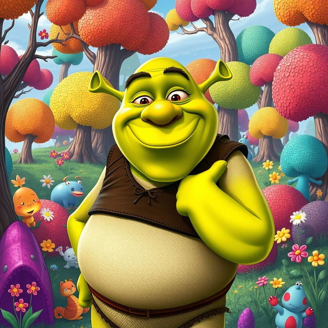 A humorous illustration of Shrek, the beloved green ogre from the animated films, depicted in a whimsical and exaggerated cartoon style