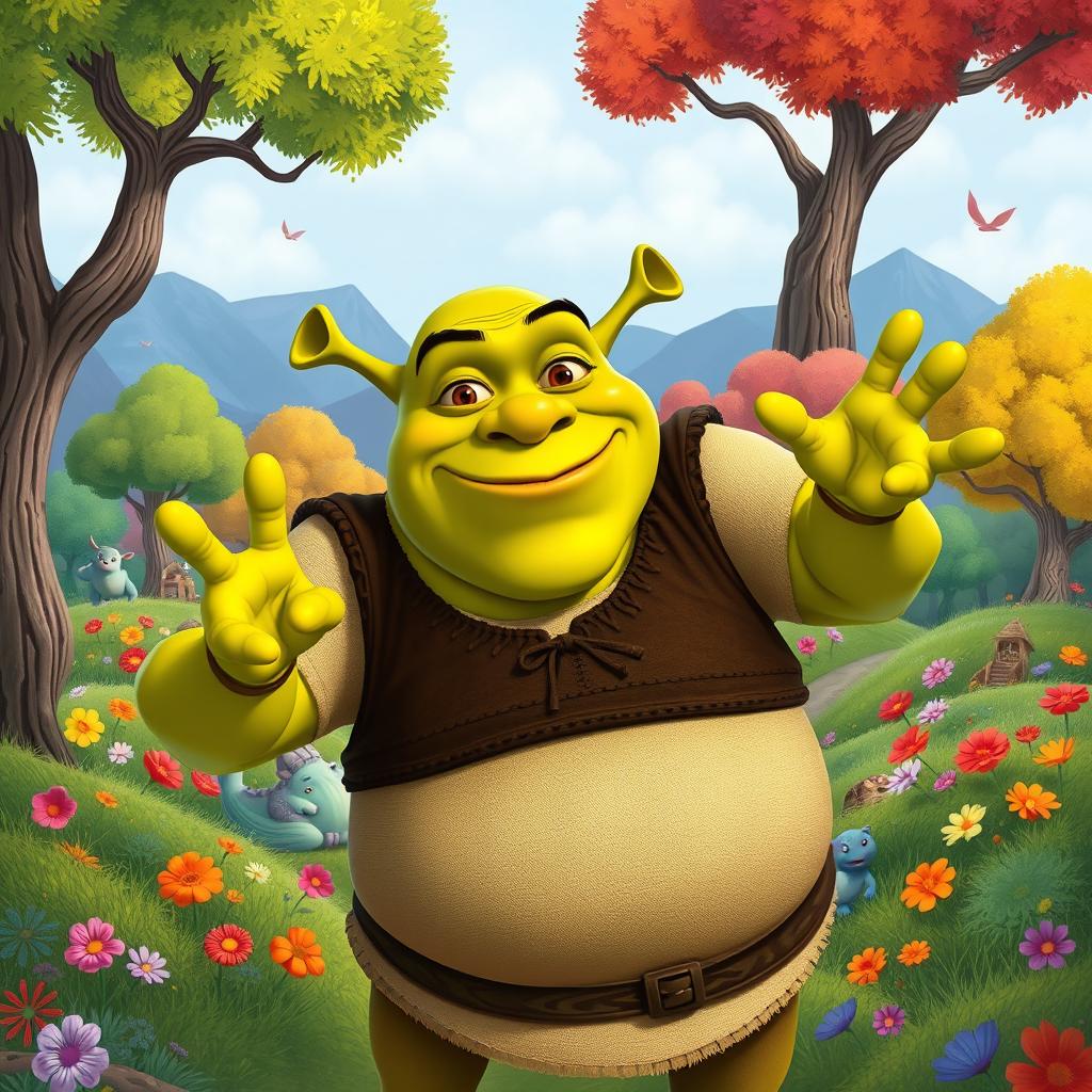 A humorous illustration of Shrek, the beloved green ogre from the animated films, depicted in a whimsical and exaggerated cartoon style