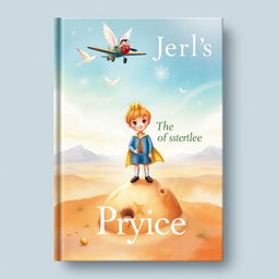 A captivating book cover design featuring a young prince with childlike innocence, depicted in soft watercolors