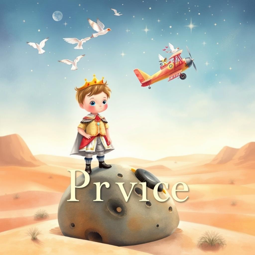 A captivating book cover design featuring a young prince with childlike innocence, depicted in soft watercolors