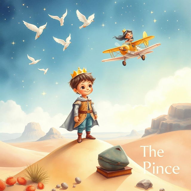 A captivating book cover design featuring a young prince with childlike innocence, depicted in soft watercolors