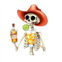 A watercolor style illustration of a smiling yet thirsty skeleton holding a glass filled with a shot of tequila, adorned with ice cubes and a slice of lime