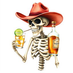 A watercolor style illustration of a smiling yet thirsty skeleton holding a glass filled with a shot of tequila, adorned with ice cubes and a slice of lime