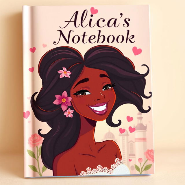 An enchanting book cover design featuring an animated illustration of a beautiful Black woman in love