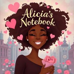 An enchanting book cover design featuring an animated illustration of a beautiful Black woman in love