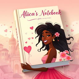 An enchanting book cover design featuring an animated illustration of a beautiful Black woman in love