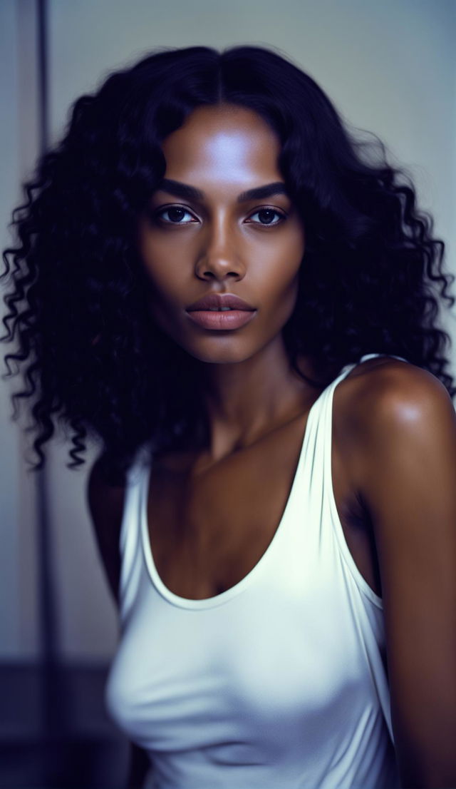 High-resolution photograph of a beautiful mixed-race fashion model in a minimalist room with low lighting, capturing her symmetrical facial features in a side view.