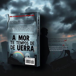 A book cover design for 'Amor em Tempos de Guerra' that reflects a hostile world where being LGBTQI+ is a crime and love becomes an act of rebellion