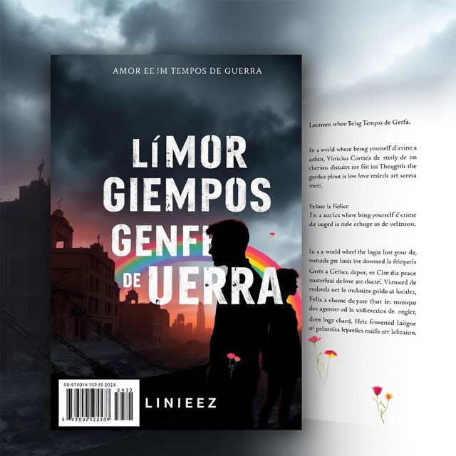 A book cover design for 'Amor em Tempos de Guerra' that reflects a hostile world where being LGBTQI+ is a crime and love becomes an act of rebellion