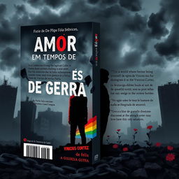 A book cover design for 'Amor em Tempos de Guerra' that reflects a hostile world where being LGBTQI+ is a crime and love becomes an act of rebellion