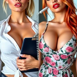 A split-screen image showcasing two gorgeous females close-up on their chest and torso