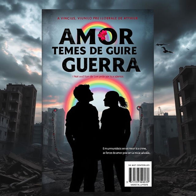 A book cover titled "Amor em Tempos de Guerra" featuring a hostile world where being LGBTQI+ is a crime and love becomes an act of rebellion