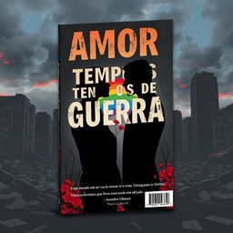 A book cover titled "Amor em Tempos de Guerra" featuring a hostile world where being LGBTQI+ is a crime and love becomes an act of rebellion