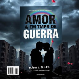 A book cover titled "Amor em Tempos de Guerra" featuring a hostile world where being LGBTQI+ is a crime and love becomes an act of rebellion